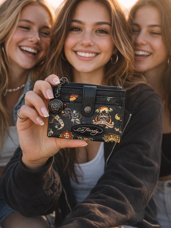 Ed Hardy Handbags - Ed Hardy Black Tattoo-Print Card Holder Coin Purse with Signature Zipper Pull